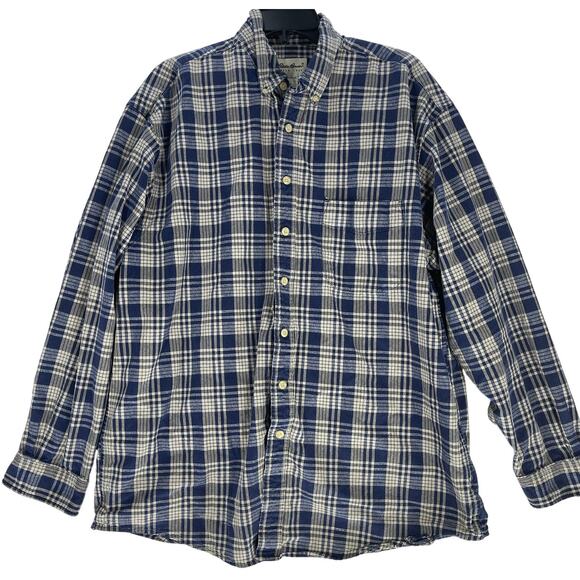 Vintage Eddie Bauer Button Up Shirt Men XL Blue Plaid Long Sleeves Cotton FLAW - Picture 1 of 8